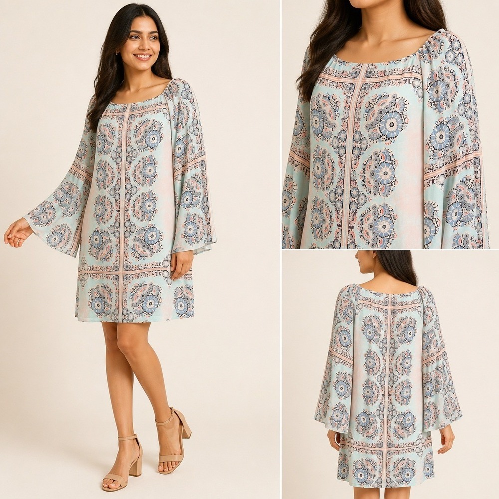 Nanette Lepore Silk Boho Medallion Kaleidoscope Bell Sleeve Shift Dress Womens 2